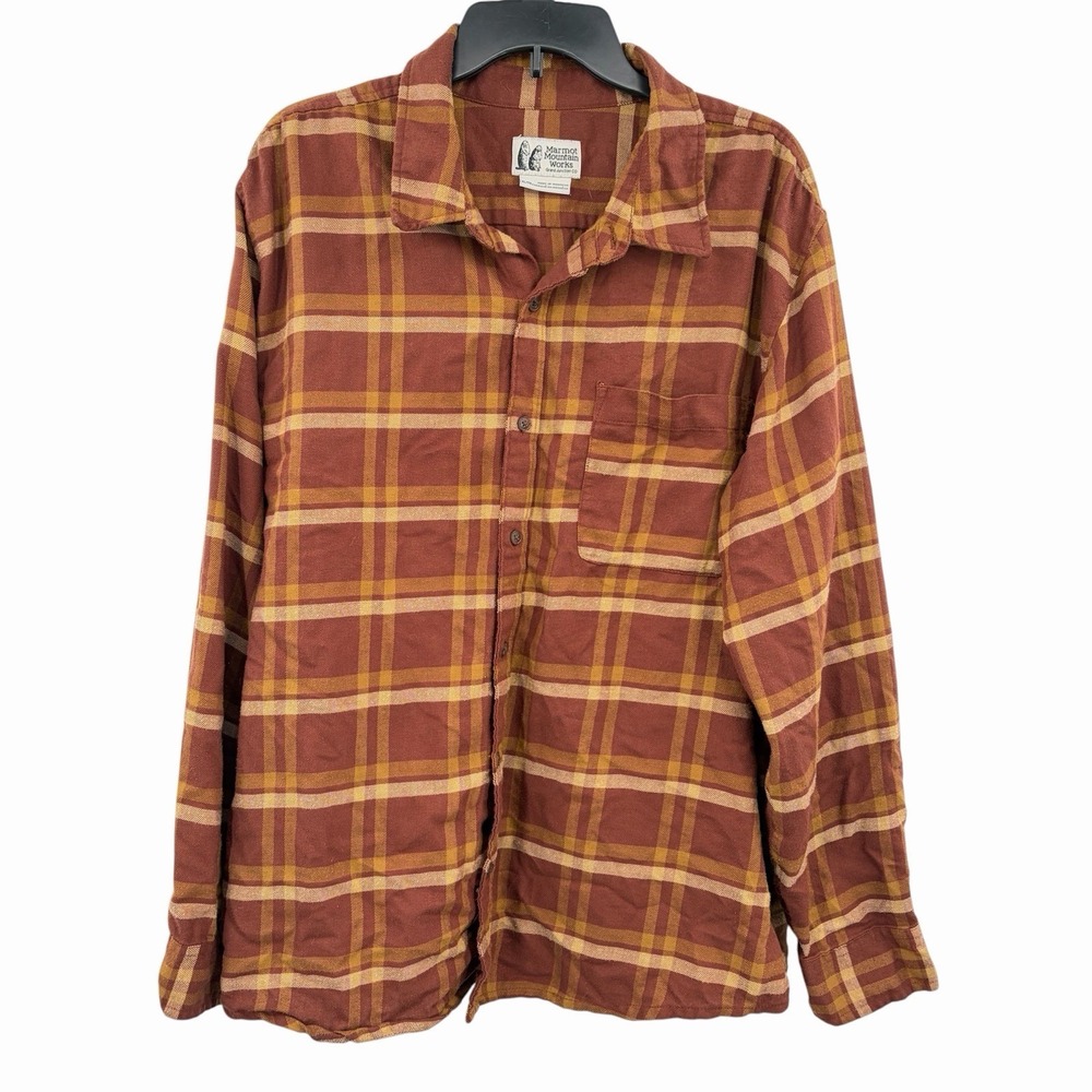 Marmot Mountain Works Shirt Mens XL Brown Plaid Flannel Long Sleeve Button Up